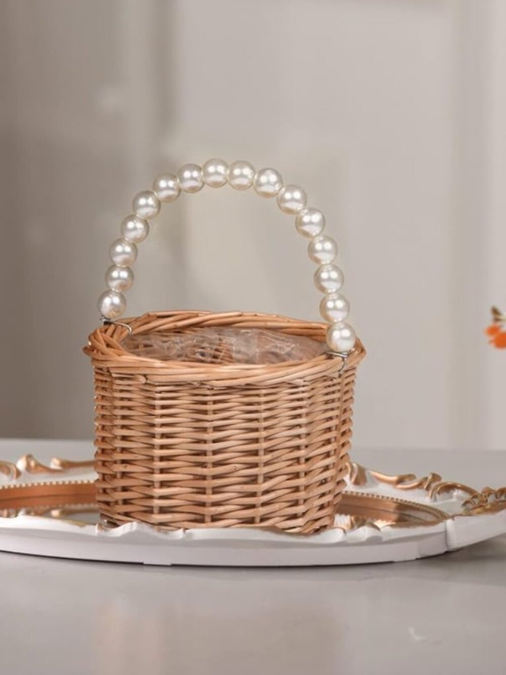 Wicker Rattan Flower Girl Basket,Pearl Handle Flower Basket,Flower Girl Basket f - Picture 5 of 8